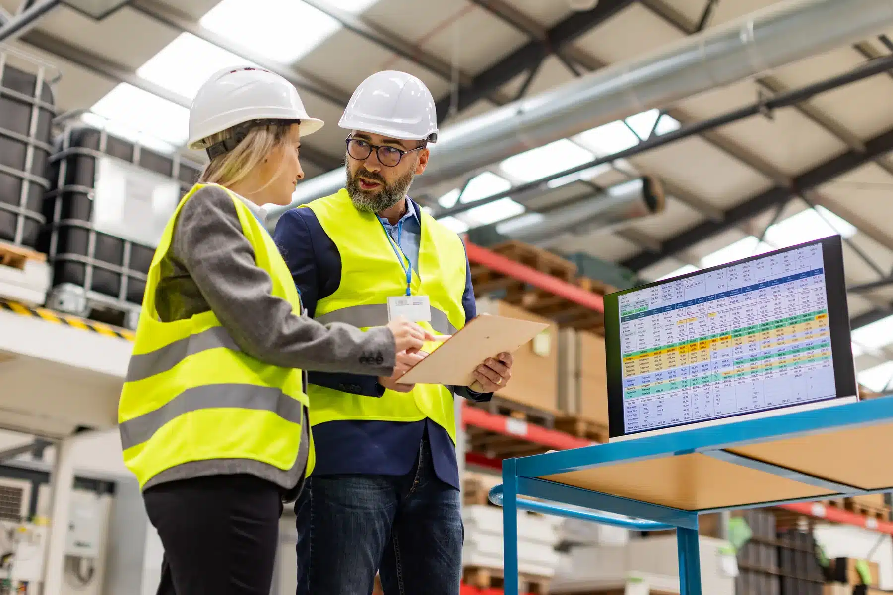 Two consultants review operational data in a warehouse