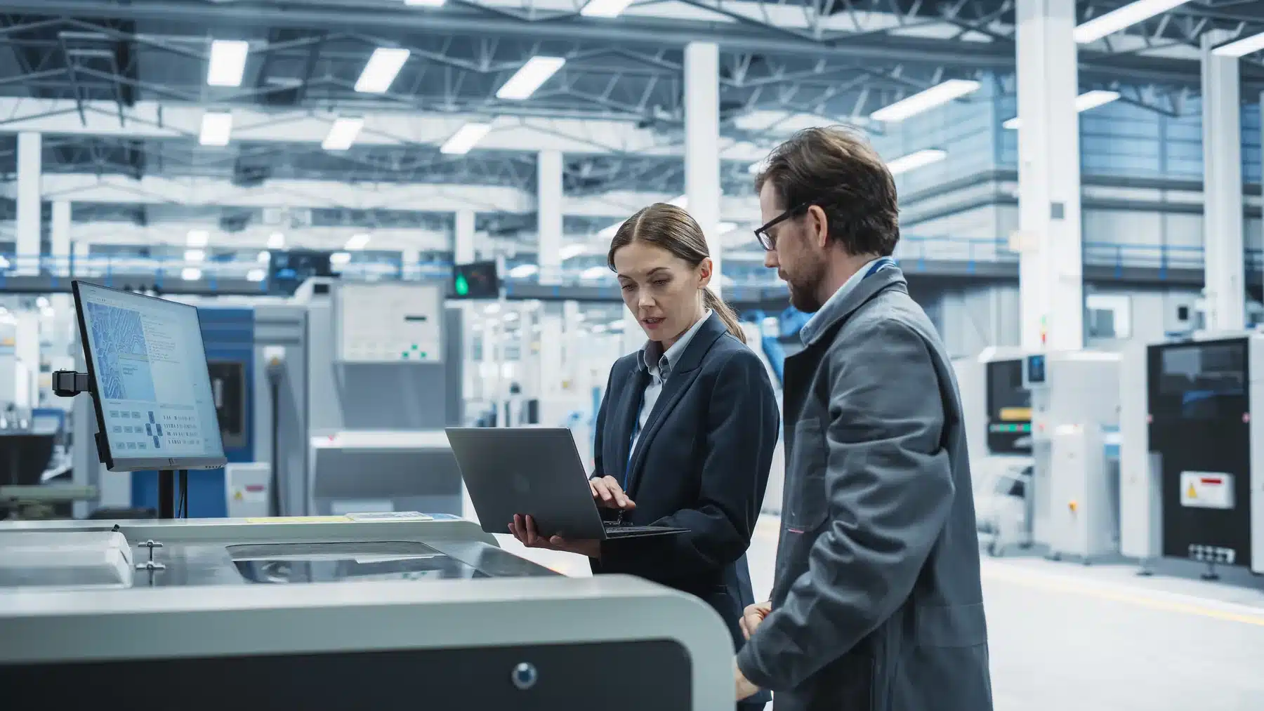 Two specialists review machine data beside production equipment