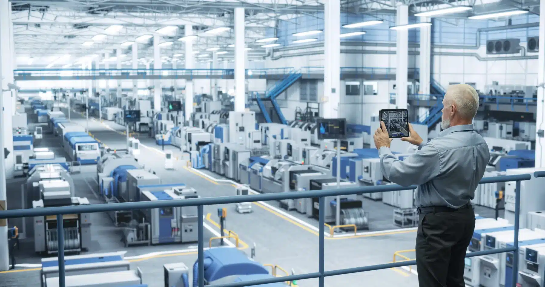 Operator monitors factory performance on a tablet